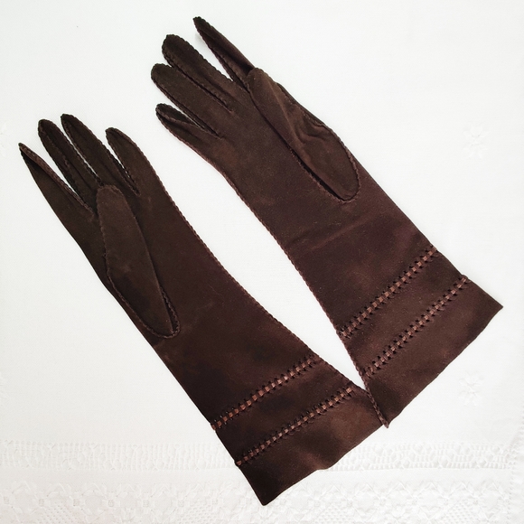 Designer Brown Suede Leather Gloves, Evening Wear New Condition Vintage - Picture 3 of 10